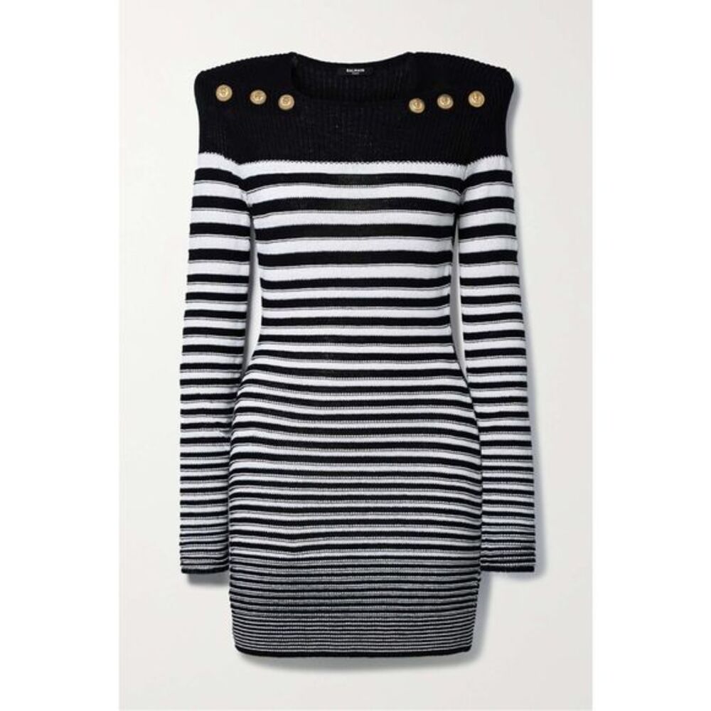 BALMAIN Button-embellished striped ribbed cotton-blend mini dress
